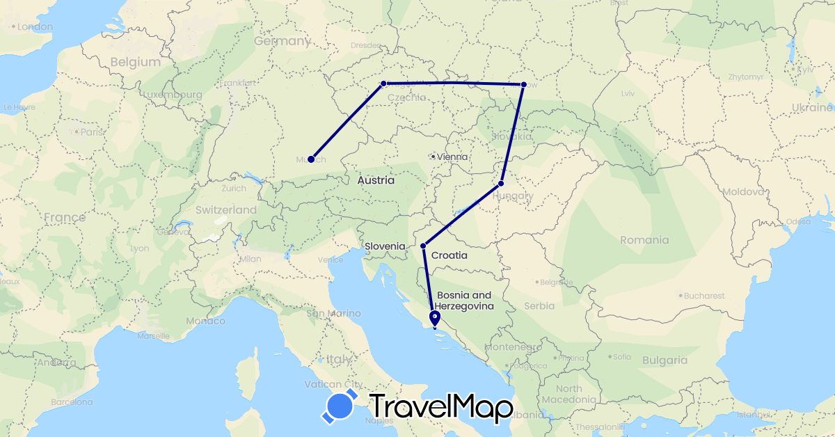 TravelMap itinerary: driving in Czech Republic, Germany, Croatia, Hungary, Poland (Europe)